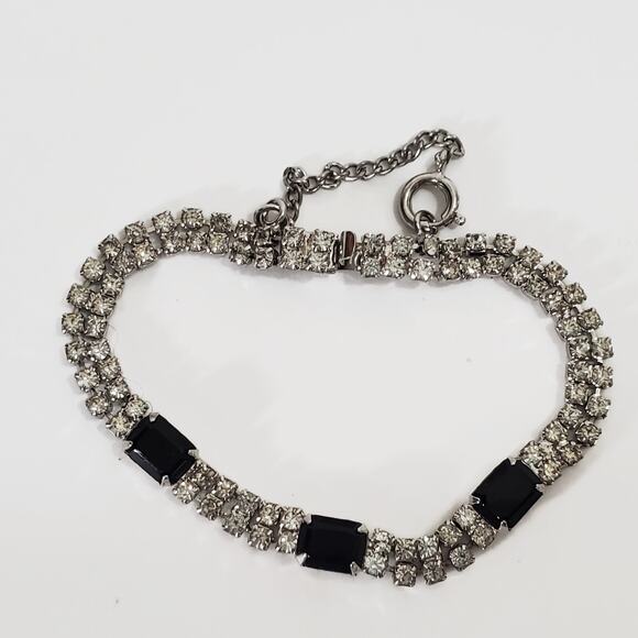 Vintage Eisenberg Ice Clear & Black Rhinestone Bracelet 7" Safety Chain - Picture 2 of 7